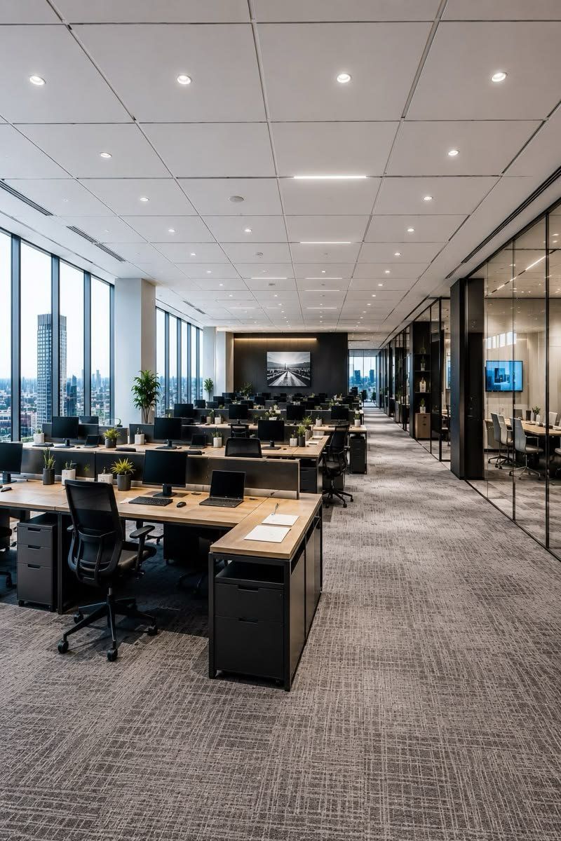 A clean, open-plan office with tidy desks and city views